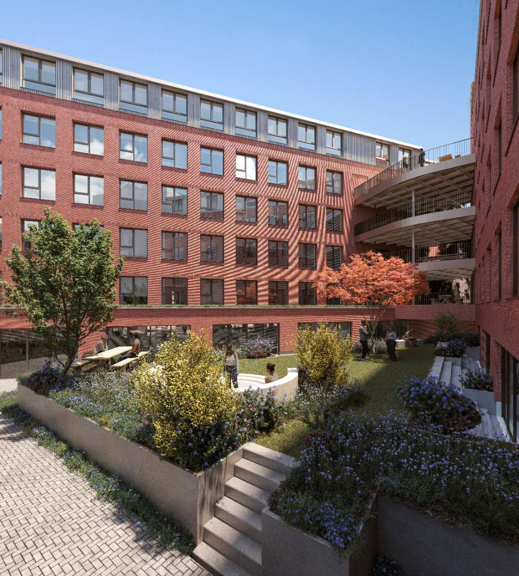 Exterieur en groene omgeving van Anversa studentenresidentie Antwerpen