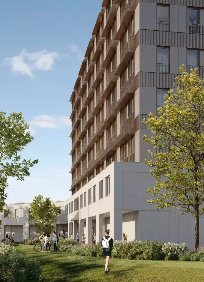 Buitenaanzicht van Kotter studentencomplex Gent — groene omgeving aan de Ottergemsesteenweg