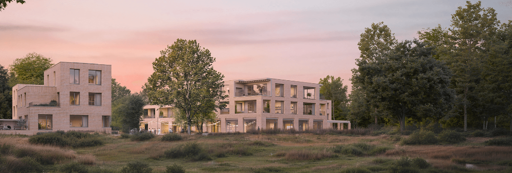 Moderne gevel van Het Porfier met groene omgeving in Sint-Amandsberg