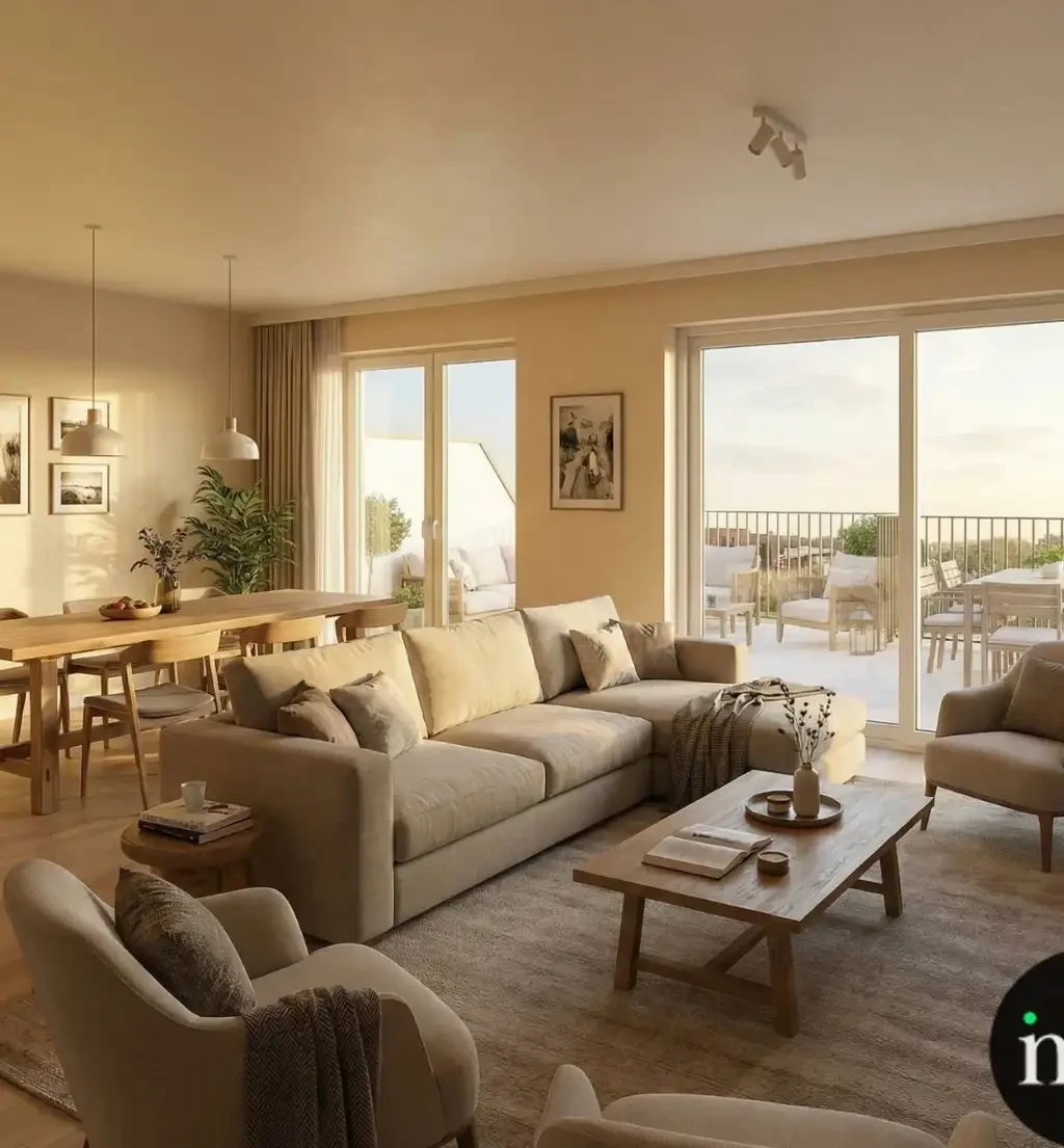 Lichte en moderne woonkamer in nieuwbouwappartement van Residentie Taelemans Dilbeek