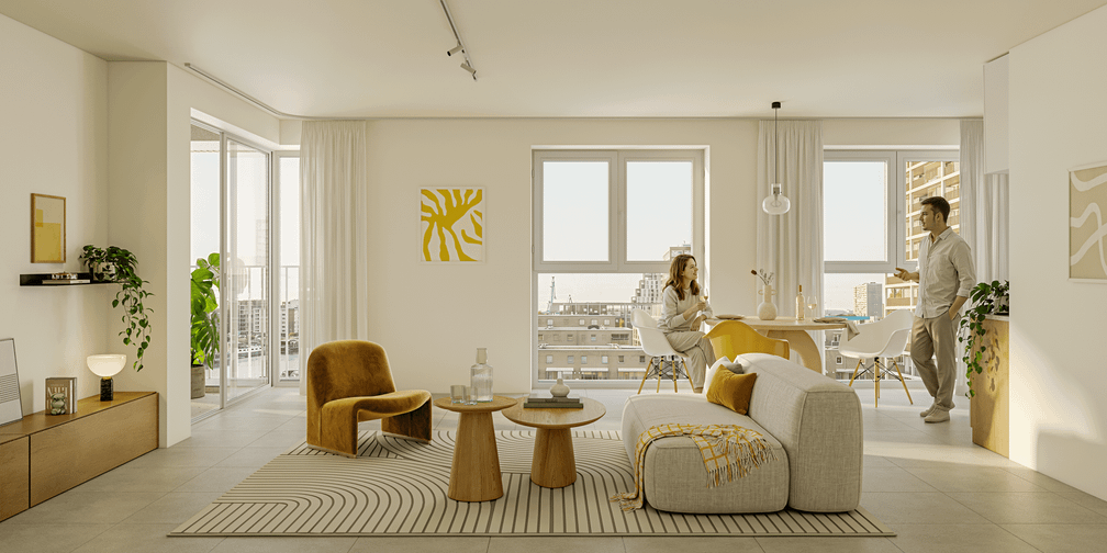 Interieur van een hoekappartement in nieuwbouwproject Ruit aan het water in Gent