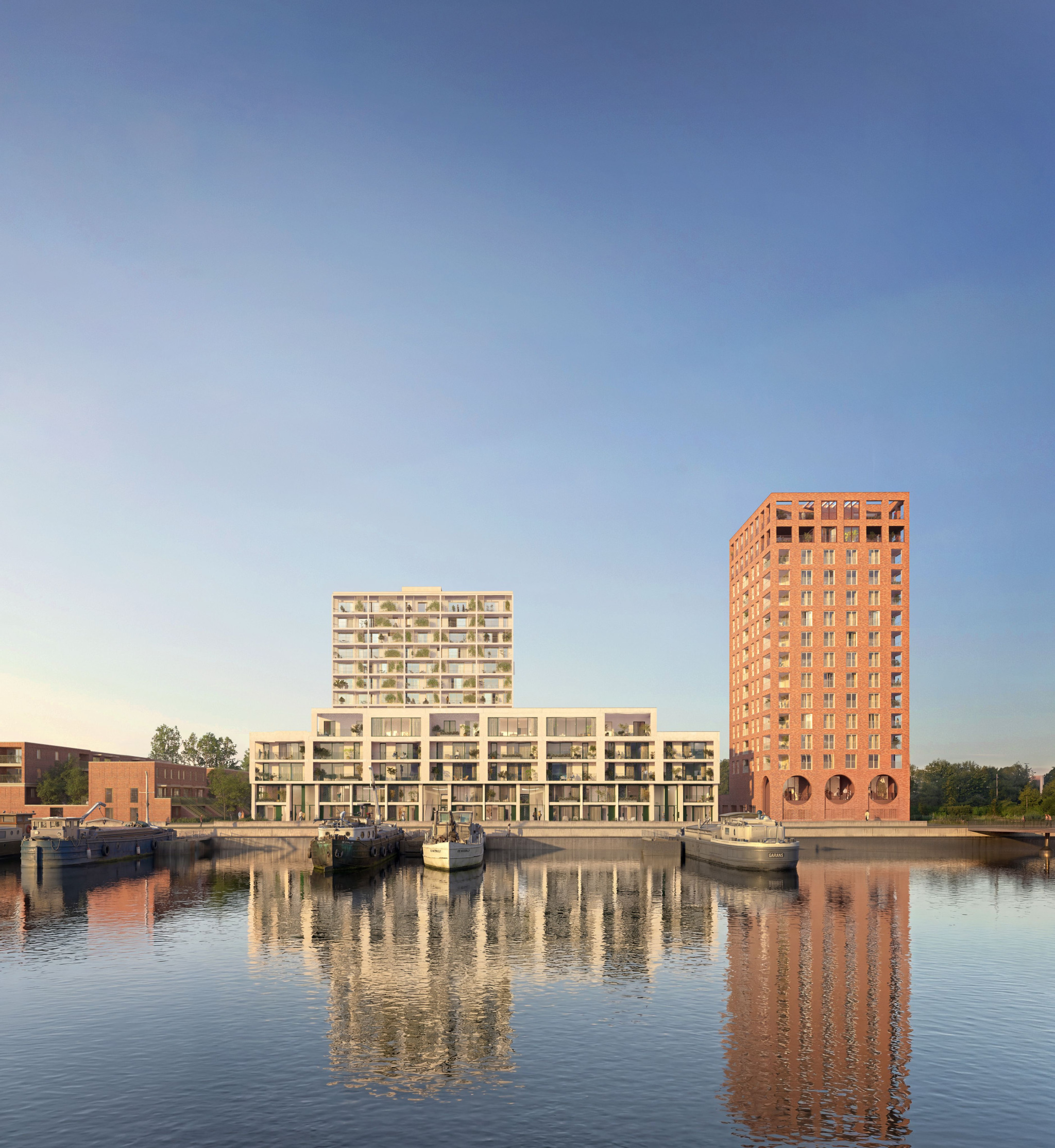 Buitenzicht op de markante toren van nieuwbouwproject Ruit in De Nieuwe Dokken, Gent
